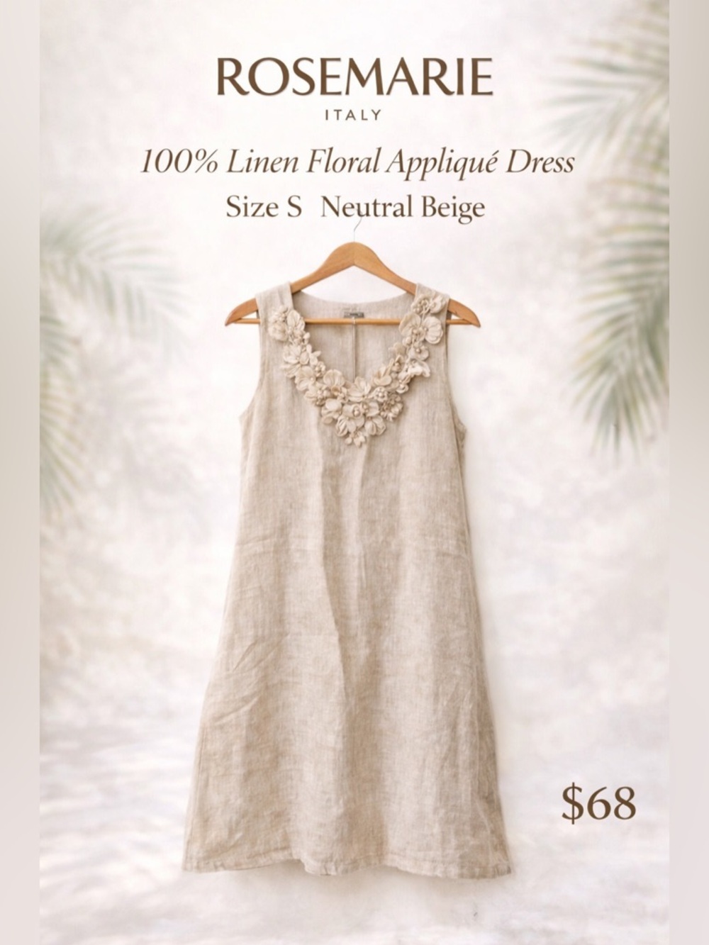 Rosemarie Italy Linen Floral Appliqué Shift Dress Size S Beige